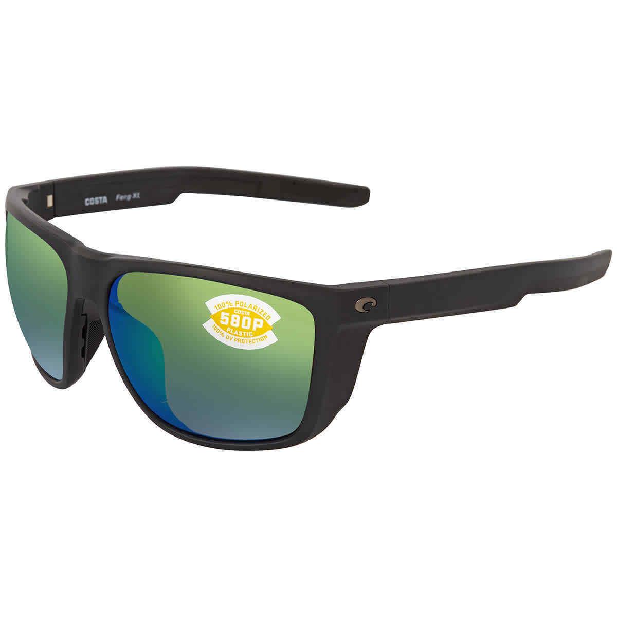 Costa Del Mar Ferg XL Green Mirror Polarized Rectangular Men`s Sunglasses 6S9012 - Frame: Black, Lens: Green