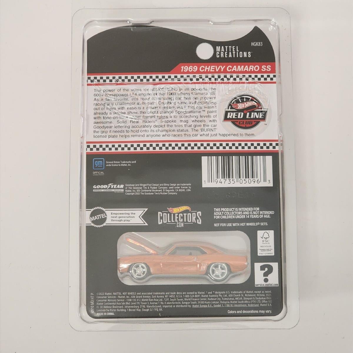 Hot Wheels Rlc 2022 Selections Orange 1969 Chevy Camaro SS Red Line Club Car