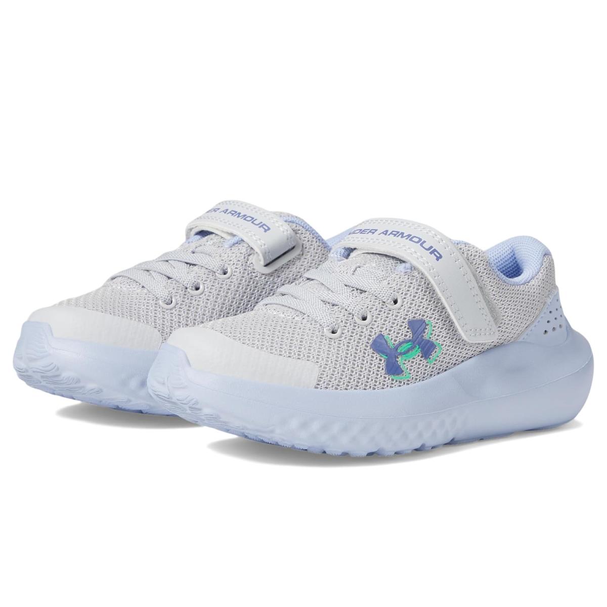 Girl`s Shoes Under Armour Kids Surge 4 Alternate Closure Little Kid Halo Gray/Celeste/Starlight