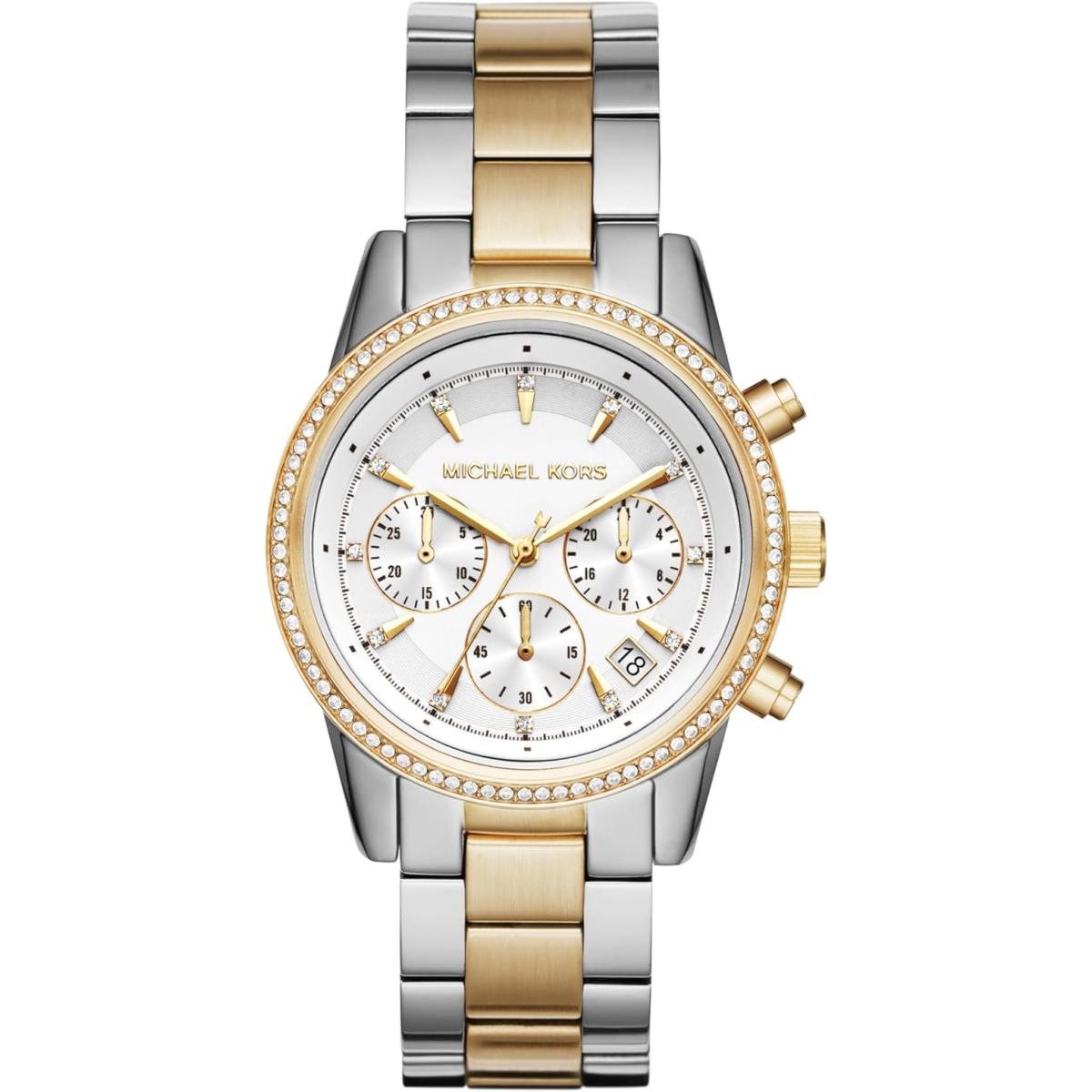 Michael Kors Ritz Women`s Watch Stainless Steel Pav Crystal Watch All Colors Silver/Gold/37Mm