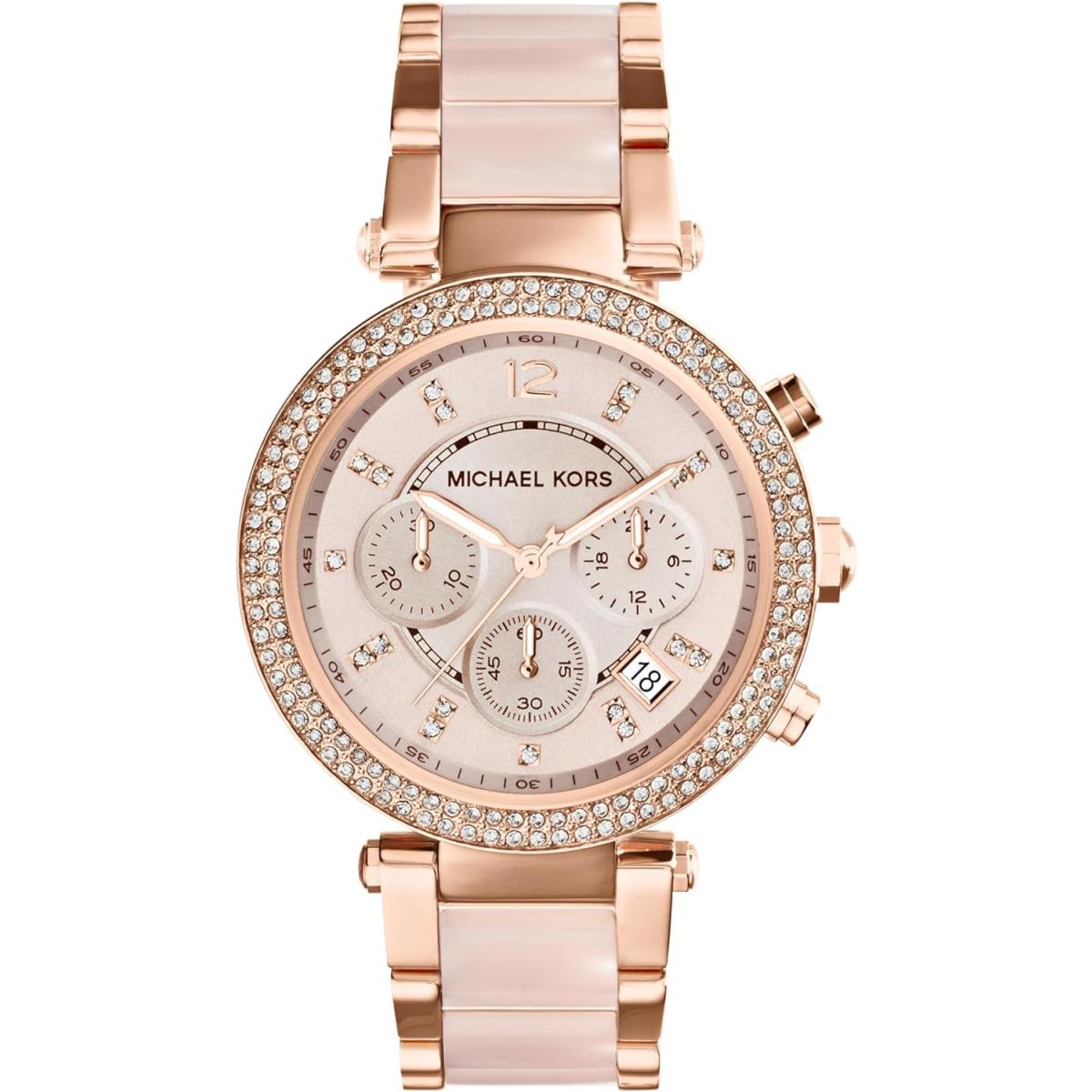 Michael Kors Parker Stainless Steel Pav Crystal Steel Leather or Silicone Band Blush/Rose Gold