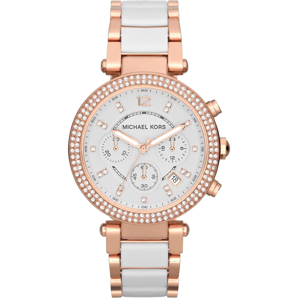 Michael Kors Parker Stainless Steel Pav Crystal Steel Leather or Silicone Band Rose Gold/White