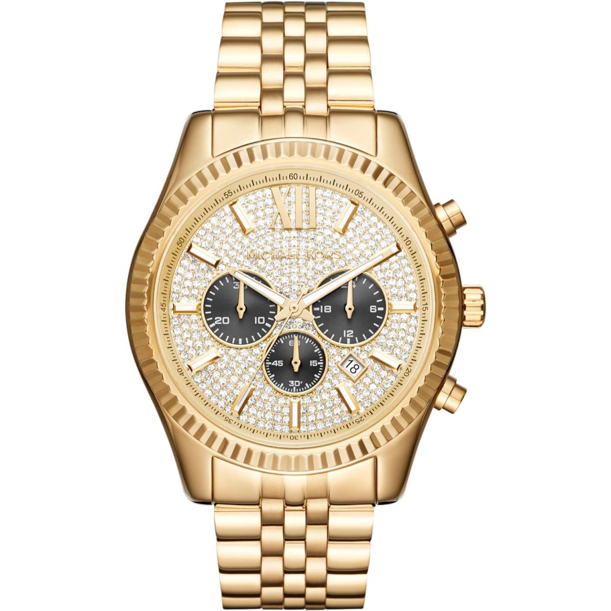 Michael Kors Lexington Men`s Watch Stainless Steel Bracelet Watch For Men All C Gold Tone W/Pave Dial