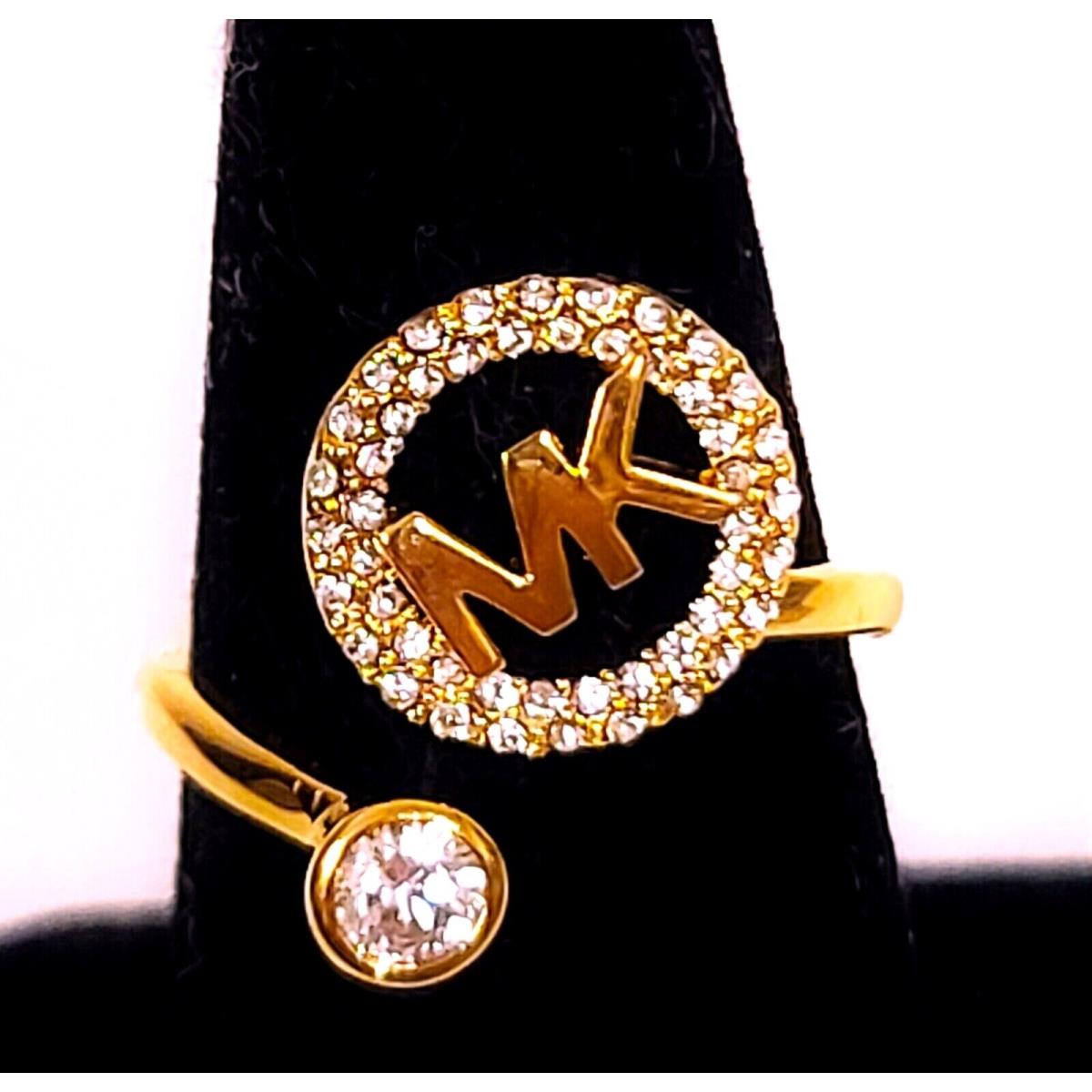 Michael Kors Rose Gold Tone Monogram `mk` Logo Crystals Open Ring MKJ7330 -7 8 9