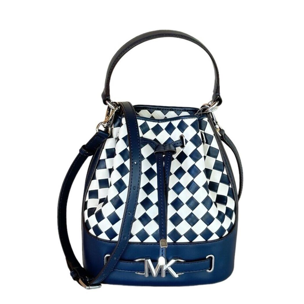 Michael Kors Reed MD Belted TH Bucket Shoulder Messenger Bag Woven Navy Multi