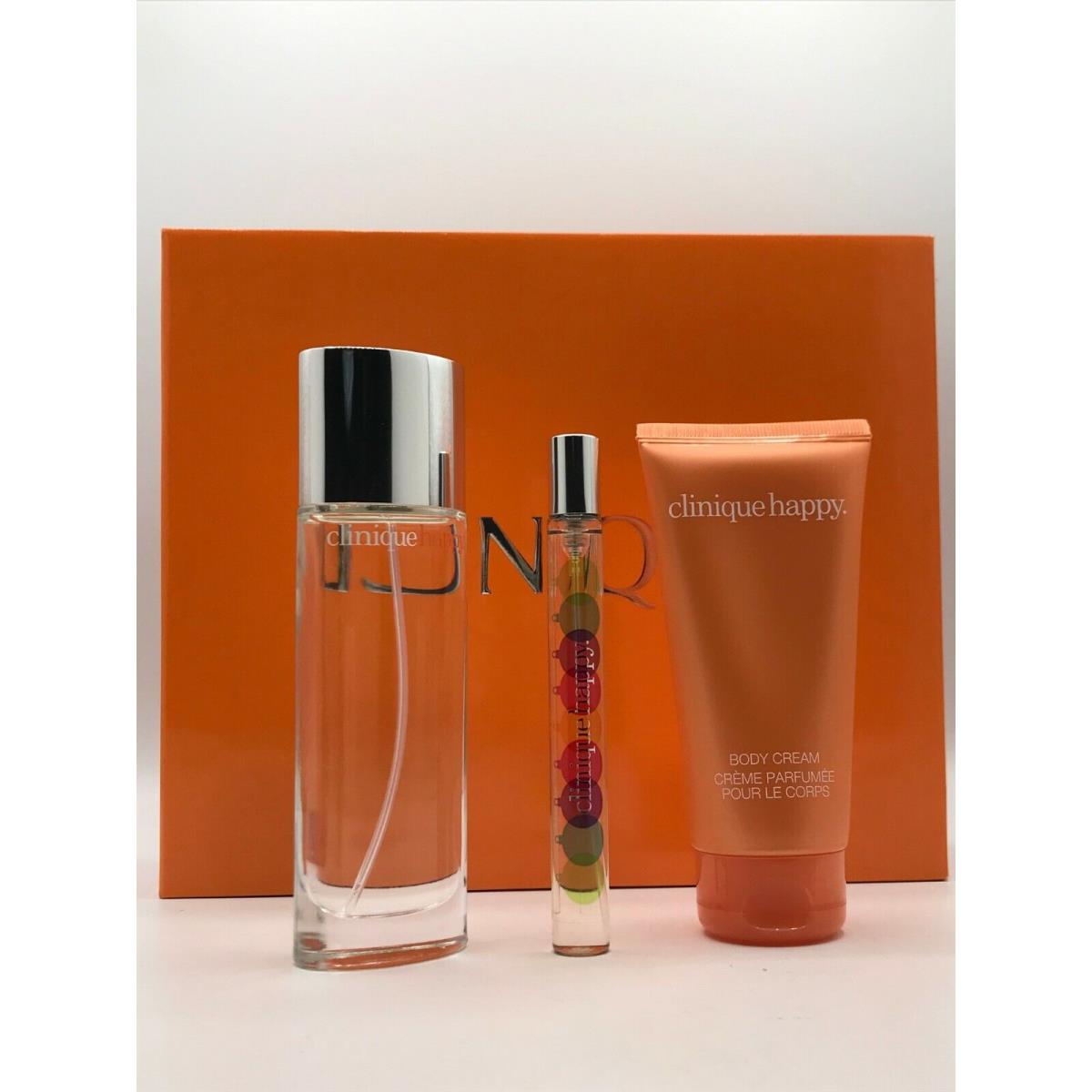 Clinique Happy 3pc Set Parfum Spray 1.7 oz Body Cream 2.5 Mini Spray