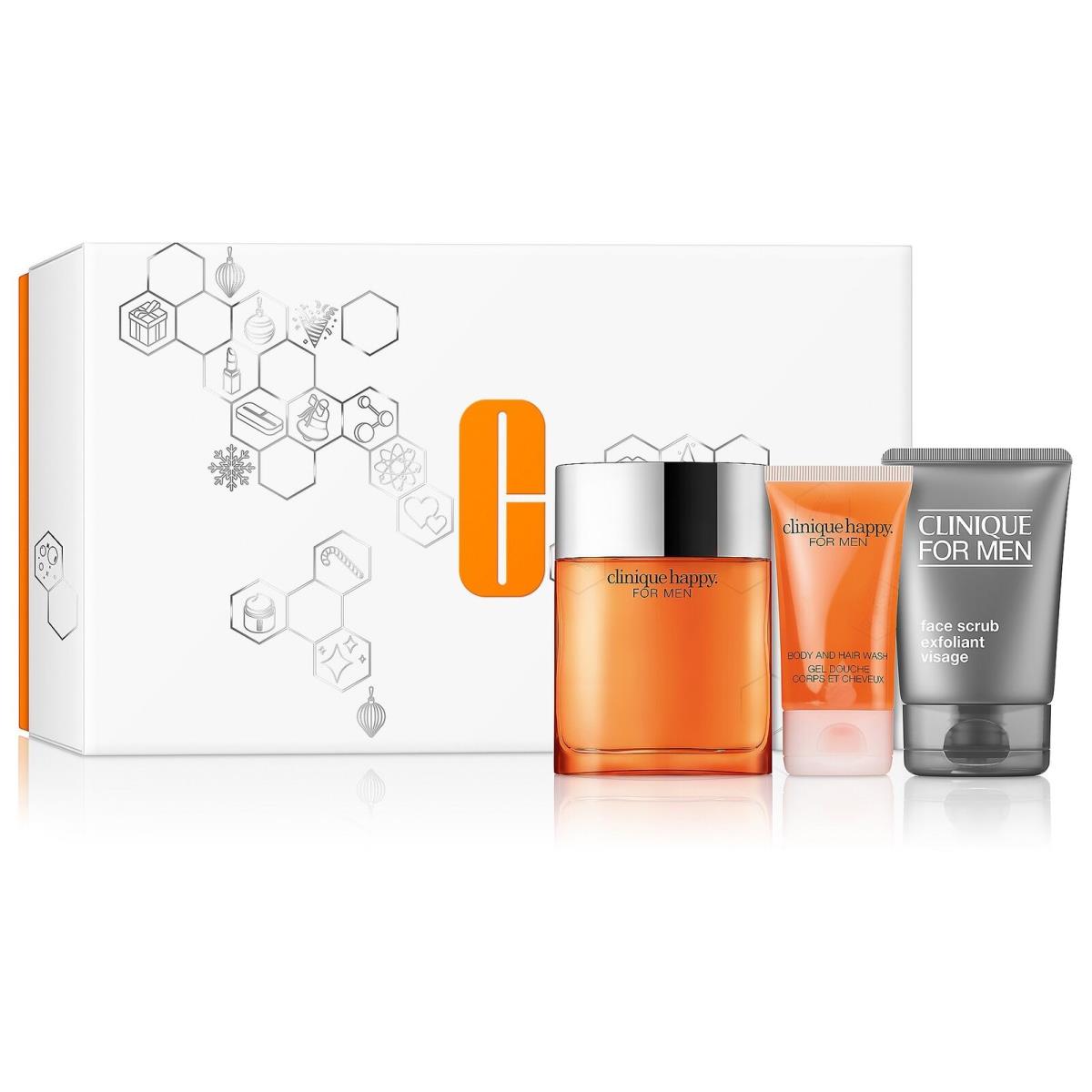 Clinique Happy For Him 3-pc Gift Set Men Fragrance 3.4 Oz+scrub+body/hair Wash