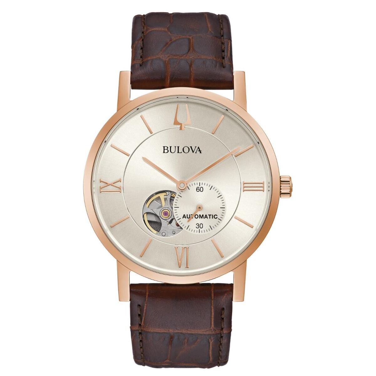 Bulova Men`s Classic Automatic Skeleton Brown Leather Strap Watch 42 MM 97A150