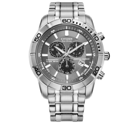 Citizen Eco Drive Brycen Chronograph Stainless Steel Men`s Watch BL5450-54H - Dial: Gray, Band: Silver, Bezel: Gray