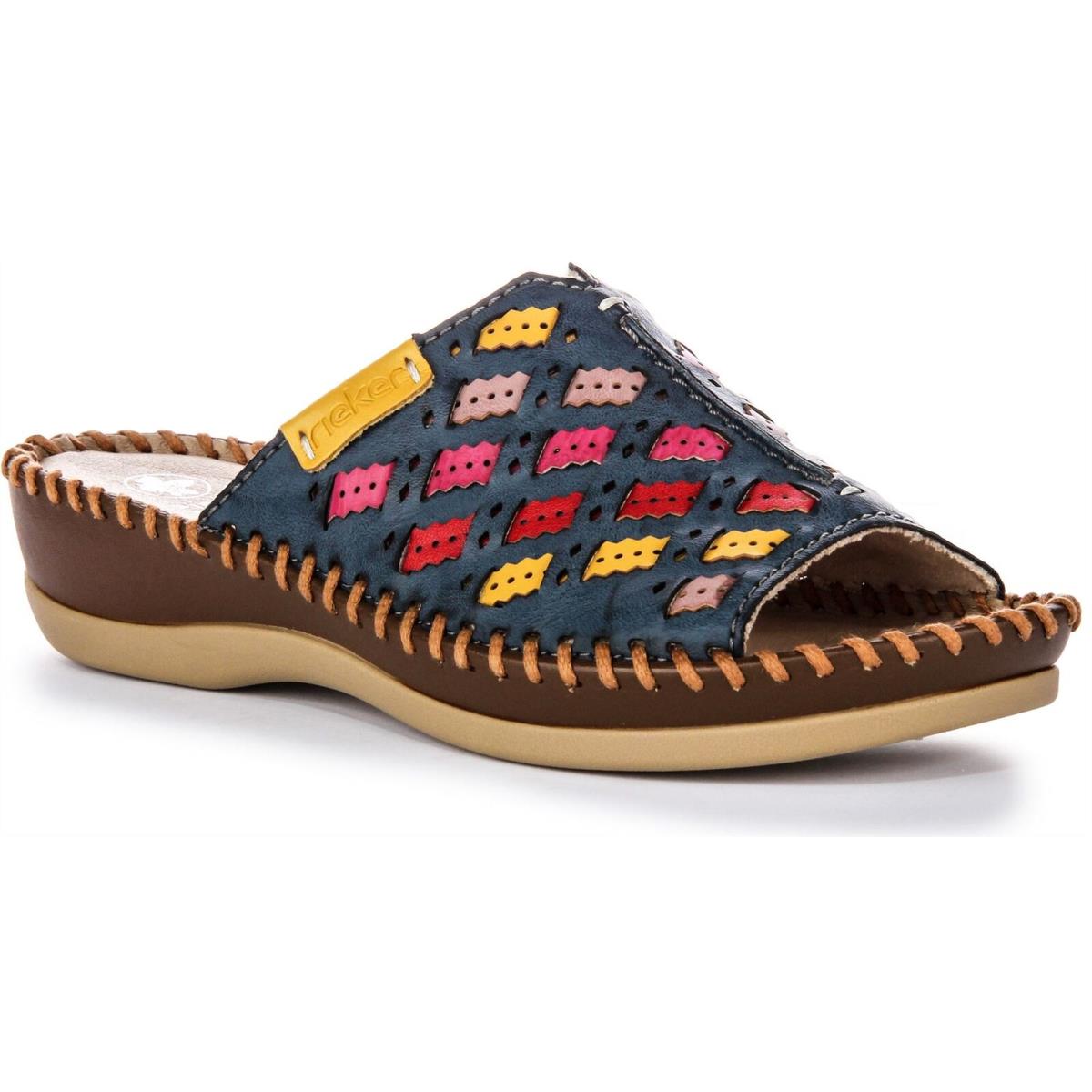 Rieker 61336-90 Soft Slip On Weave Cross Women Sandal Blue Multi US 5 -11