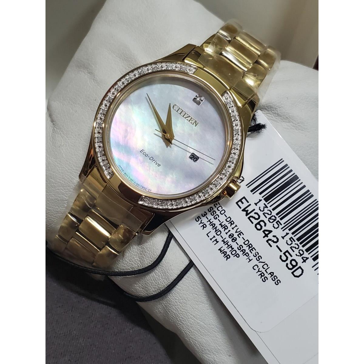 Citizen Eco-drive Women`s Gold Diamond Accents Calendar Watch 32MM EW2642-59D