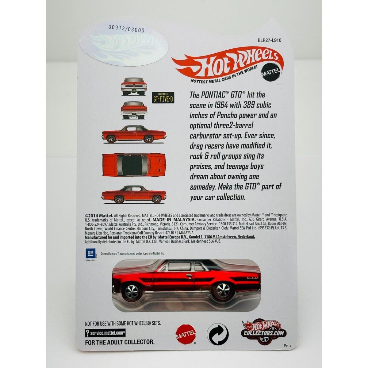 Hot Wheels 2015 Rlc Exclusive 64 Pontiac Gto Red 0913/3000