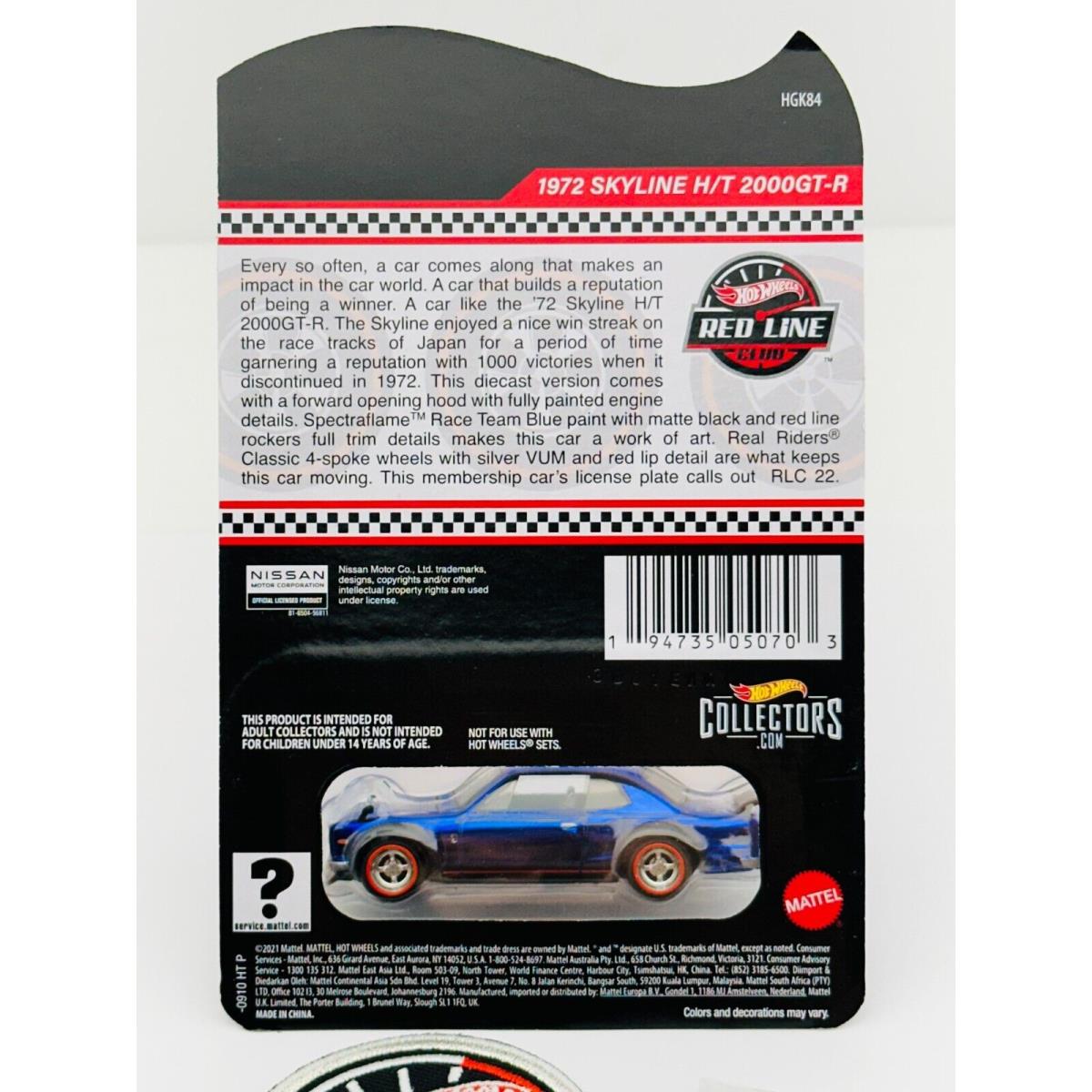 Hot Wheels 2022 Rlc Club Exclusive 1972 Skyline HT 2000GT-R W Pin Patch