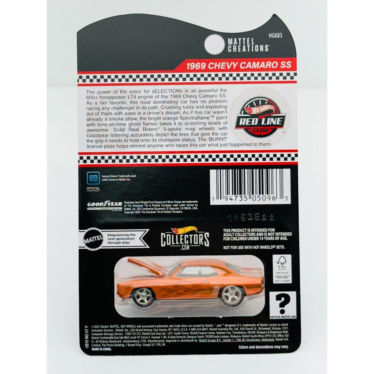 Hot Wheels 2022 Rlc Selections Series 1969 Chevy Camaro SS Orange