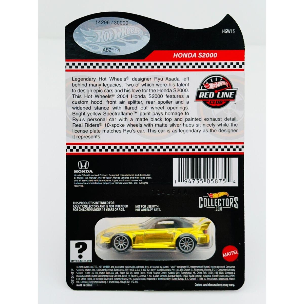 Hot Wheels 2022 Rlc Ryu Asada Honda S2000 Gold 14296/30000