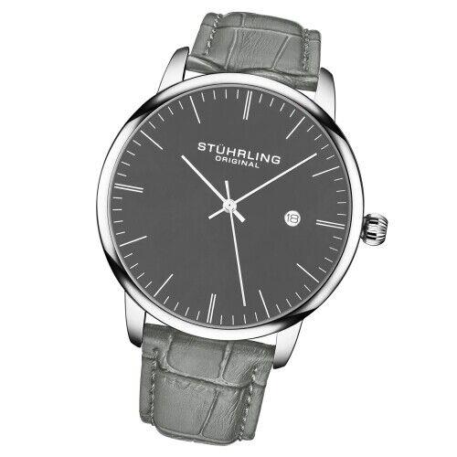 Stuhrling 3997 4 Quartz Rasa Date Gray Embossed Leather Strap Mens Watch