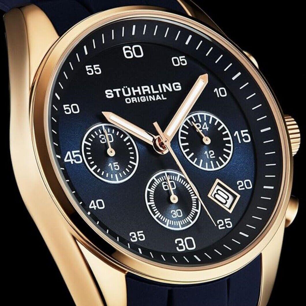 Stuhrling 4057 3 Quartz Chronograph Date Blue Silicone Strap Mens Watch