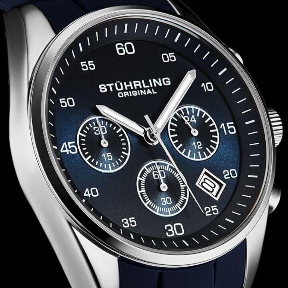 Stuhrling 4057 2 Quartz Chronograph Date Blue Silicone Strap Mens Watch