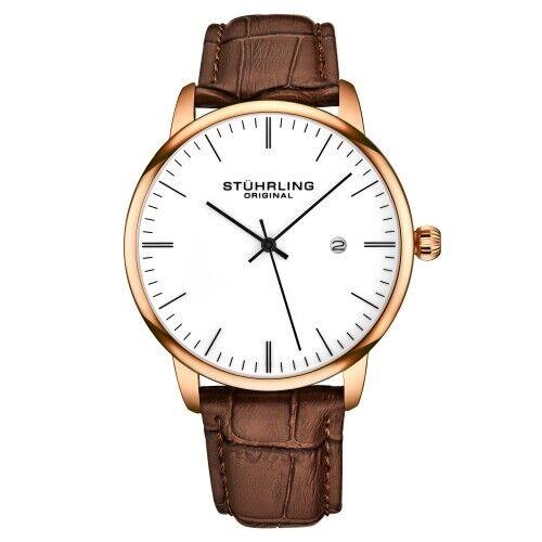 Stuhrling 3997 7 Quartz Rasa Date Brown Embossed Leather Strap Mens Watch