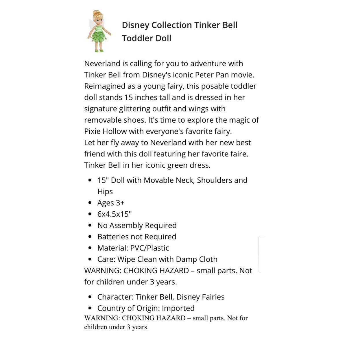 Disney Collection Peter Pan s 16.5 Tinker Bell Toddler Doll Rare Princess