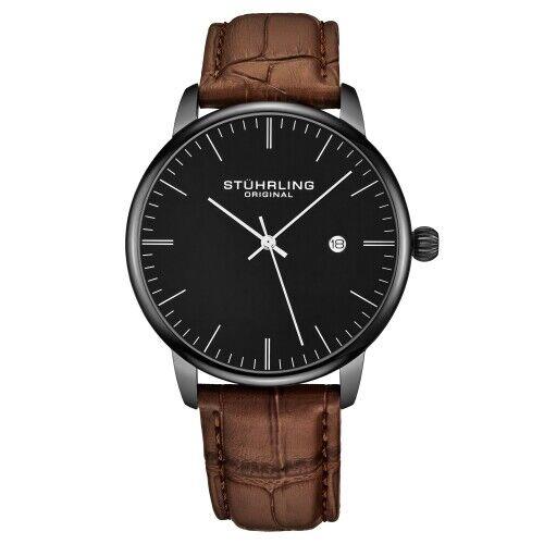 Stuhrling 3997 5 Quartz Rasa Date Brown Embossed Leather Strap Mens Watch