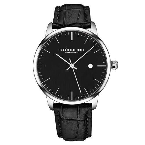 Stuhrling 3997 2 Quartz Rasa Date Black Embossed Leather Strap Mens Watch