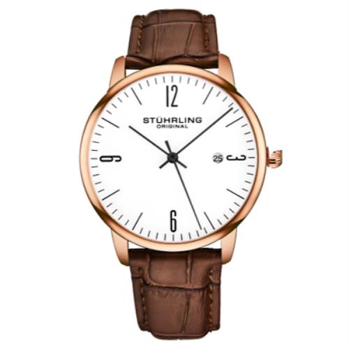 Stuhrling 3997A 7 Quartz Date Brown Embossed Leather Strap Mens Watch