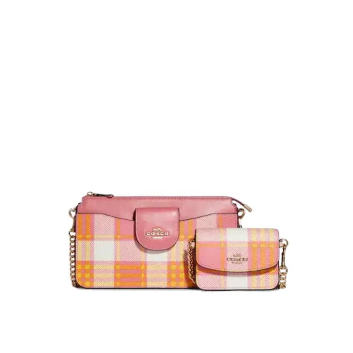 Coach Poppy Crossbody Purse Detachable Card Case IN Pink Garden Plaid Print - Pink, Exterior: Yellow