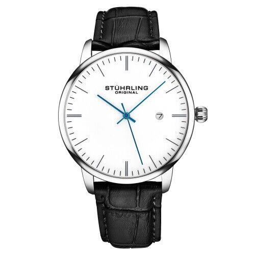 Stuhrling 3997 1 Quartz Date Black Embossed Leather Strap Mens Watch