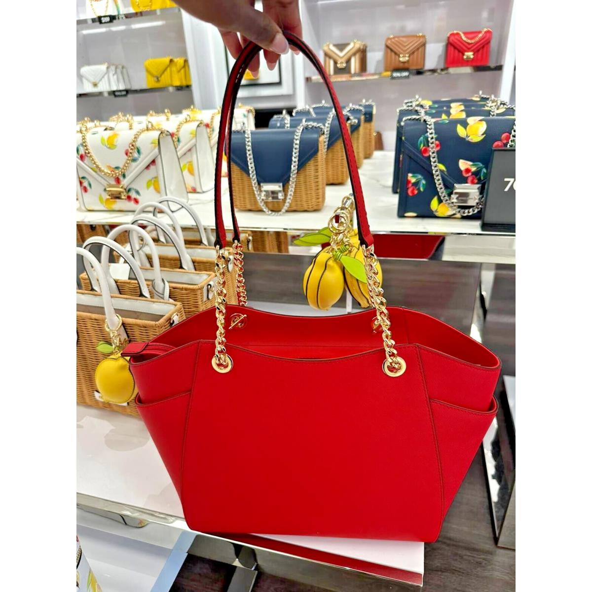 Michael Kors Jet Set Travel Large Chain Shoulder Tote Leather Handbag-bright Red