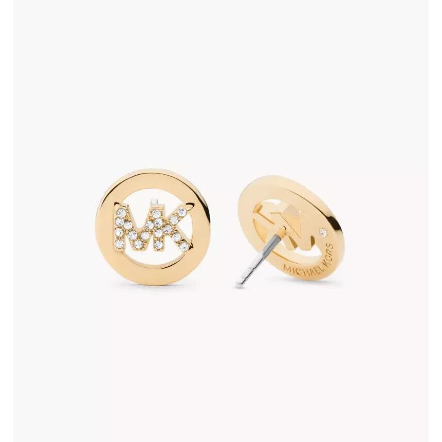 Michael Kors Gold Tone Pave Crystal MK Logo Stud Earrings MKJ7629