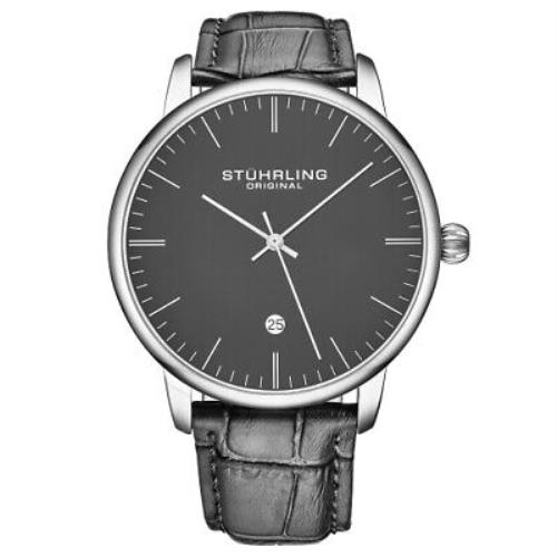 Stuhrling 3997XL 4 Quartz Date Gray Embossed Leather Strap Mens Watch