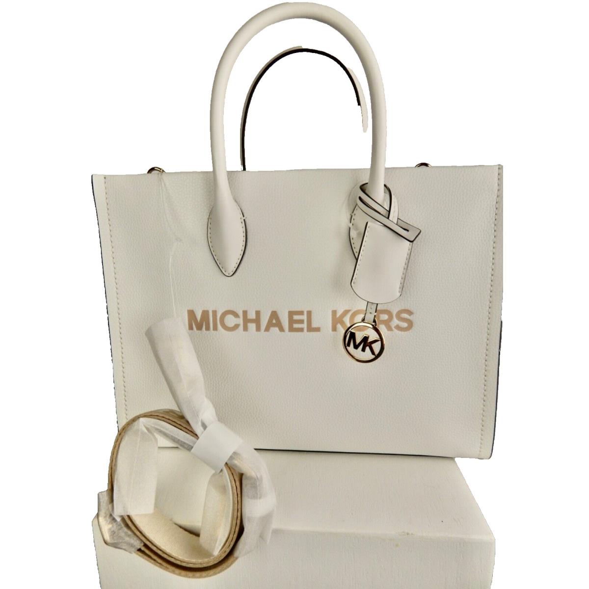 Michael Kors Mirella White Pebbled Leather Guitar Strap Tote Crossbody Bag