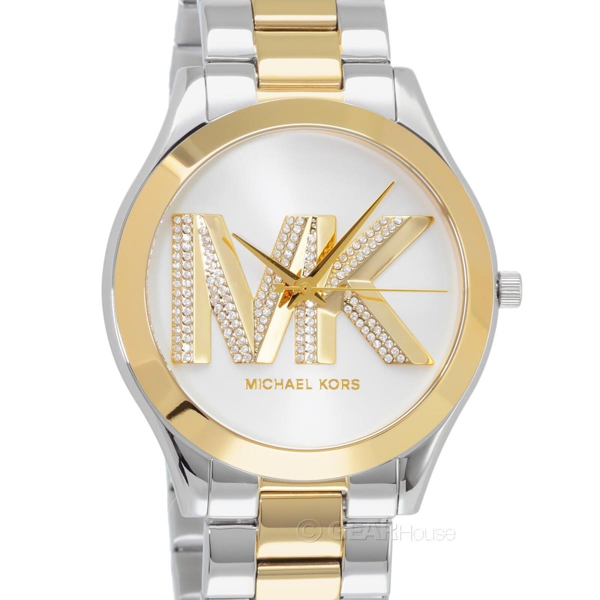 Michael Kors Slim Runway Glitz Crystals Watch MK Logo Dial Two-tone Gold Silver