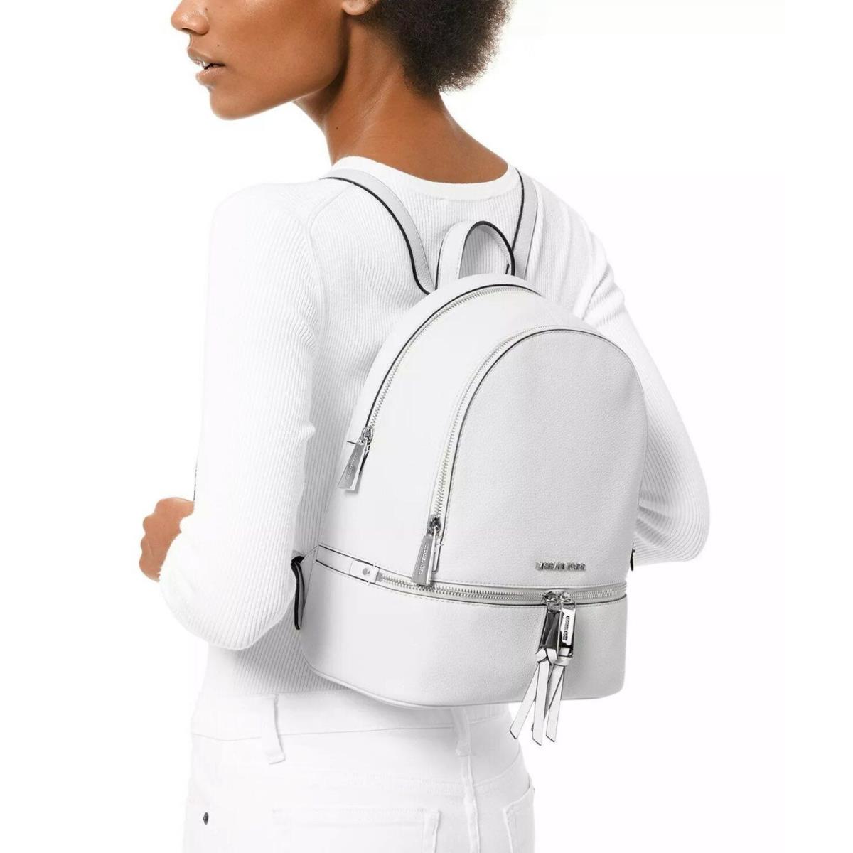 Michael Kors Rhea Zip Small Pebbled Leather Backpack Optic White - Exterior: White, Handle/Strap: White, Hardware: Silver-tone