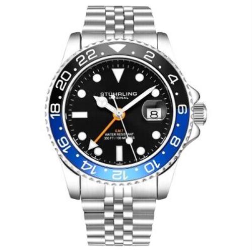 Stuhrling 3968 1 Aquadiver Quartz Gmt Date Stainless Steel Mens Watch - Dial: Black, Band: Silver