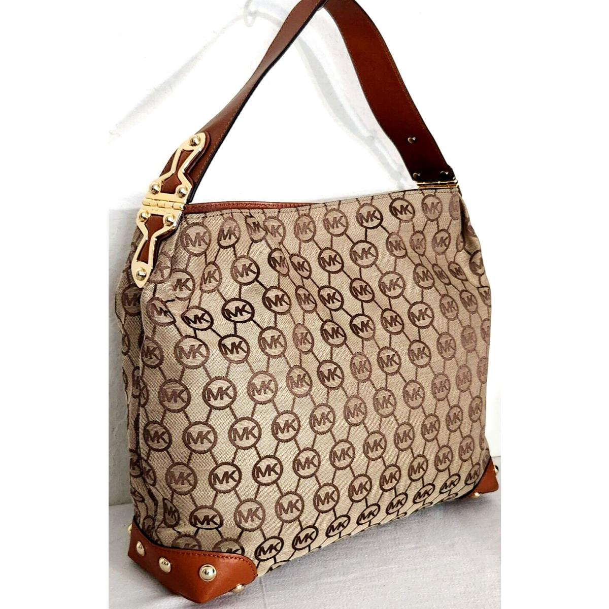 Michael Kors Joplin Logo Beige Luggage Brown Top Handle LG Shoulder Bag