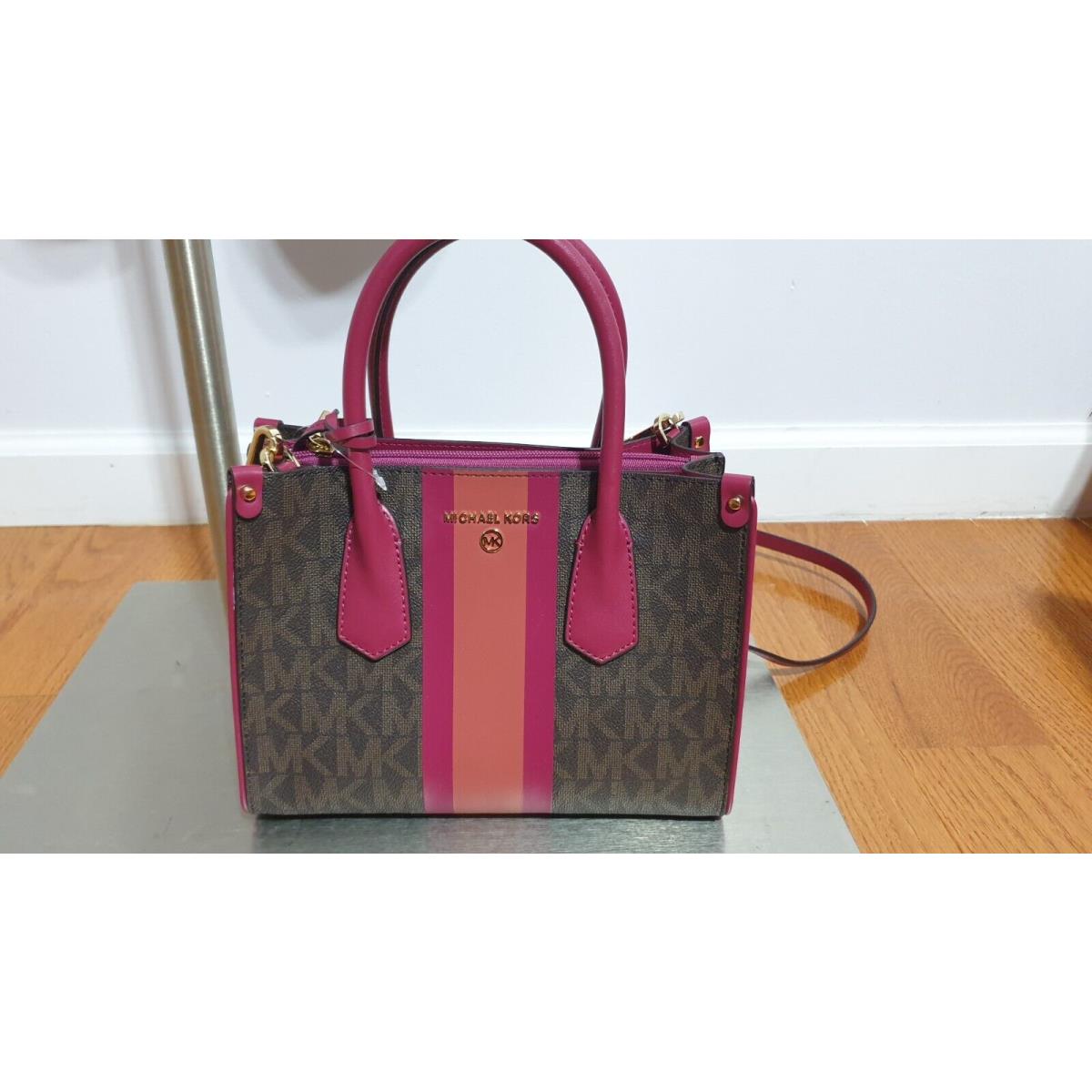 Michael Kors Center Stripe Maple Small Tote Satchel- IN Berry Multi