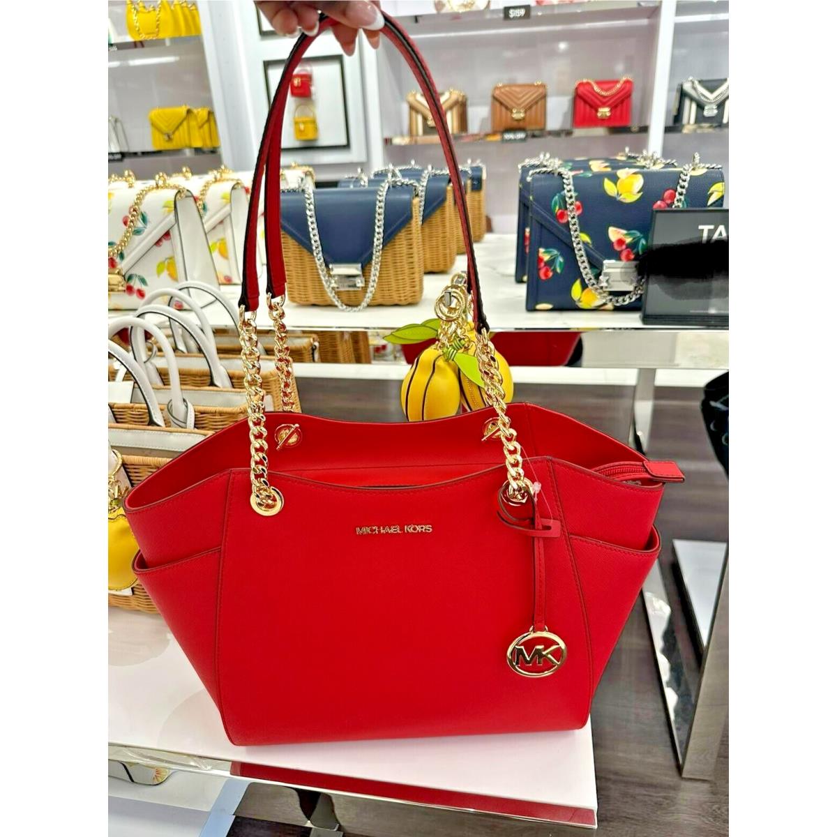 Michael Kors Lady Large Chain Shoulder Tote Leather Handbag Bag Purse-bright Red