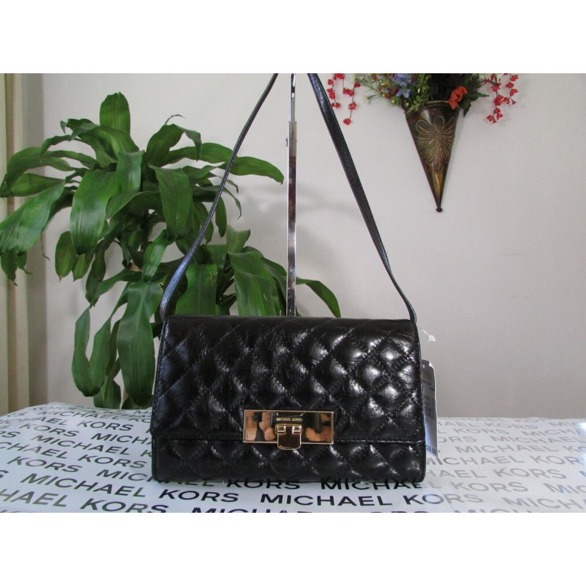 Michael Kors Leather Susannah Lock Clutch Crossbody Black