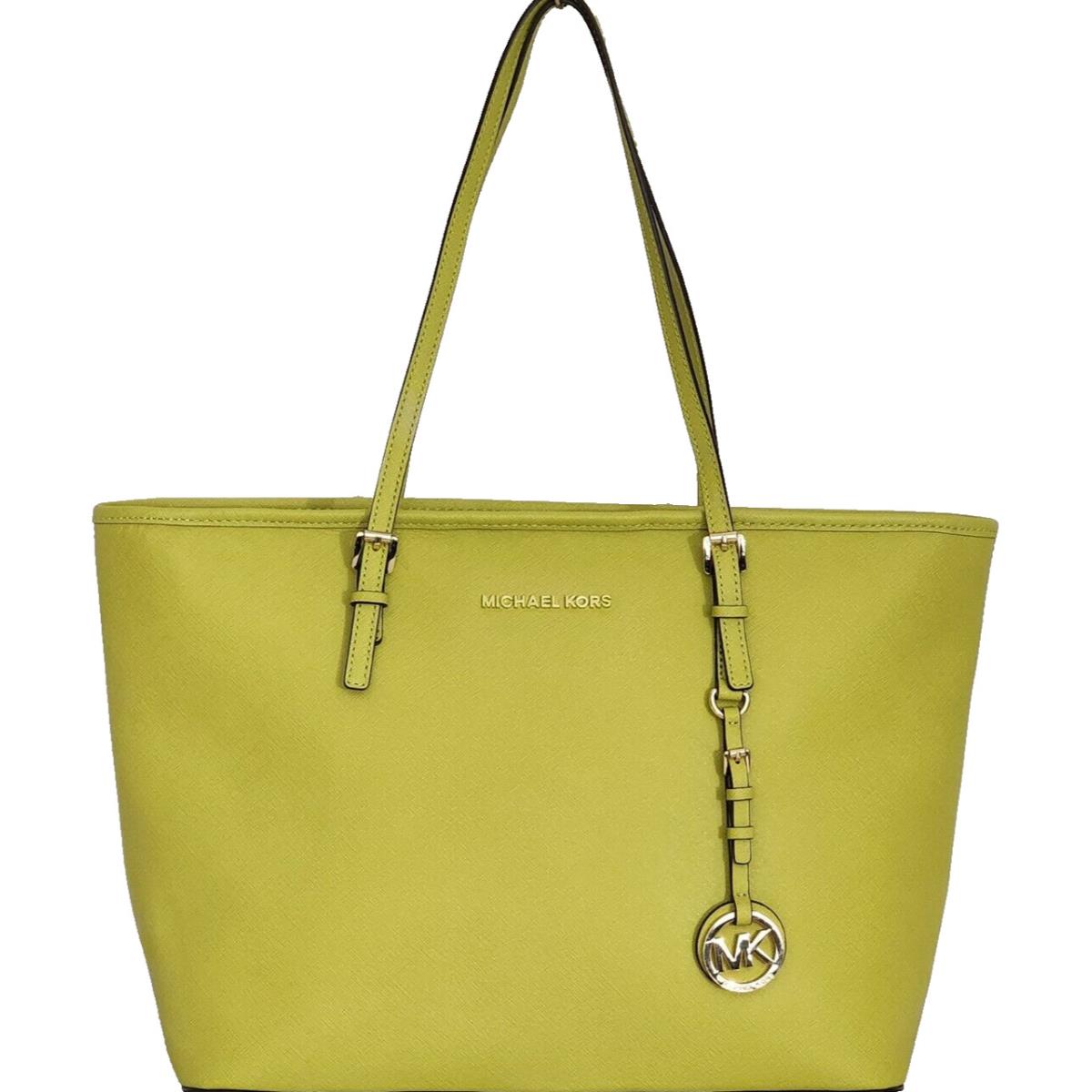 Michael Kors Jet Set Travel Top Zip Tote Apple Lime Green Leather Bag