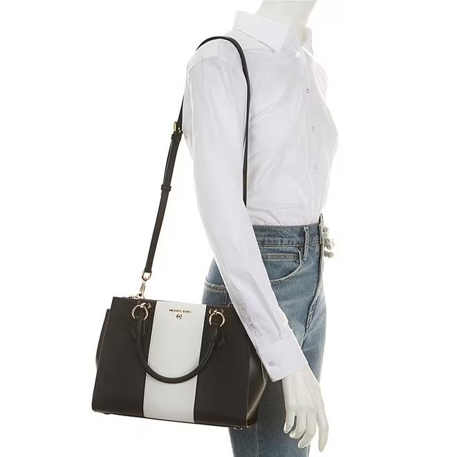 Michael Kors Marilyn Black White Saffiano Leather Medium Satchel Crossbody Bag