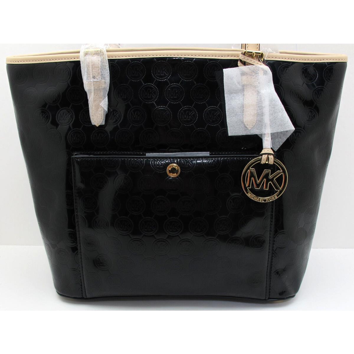 Michael Kors Jet Set Large Snap Pocket Shiny Leather MK Monogram Tote Black