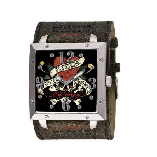 ED Hardy Men`s Warrior Love Kills Art Silver Brown Wide Leather Watch Wa-lk