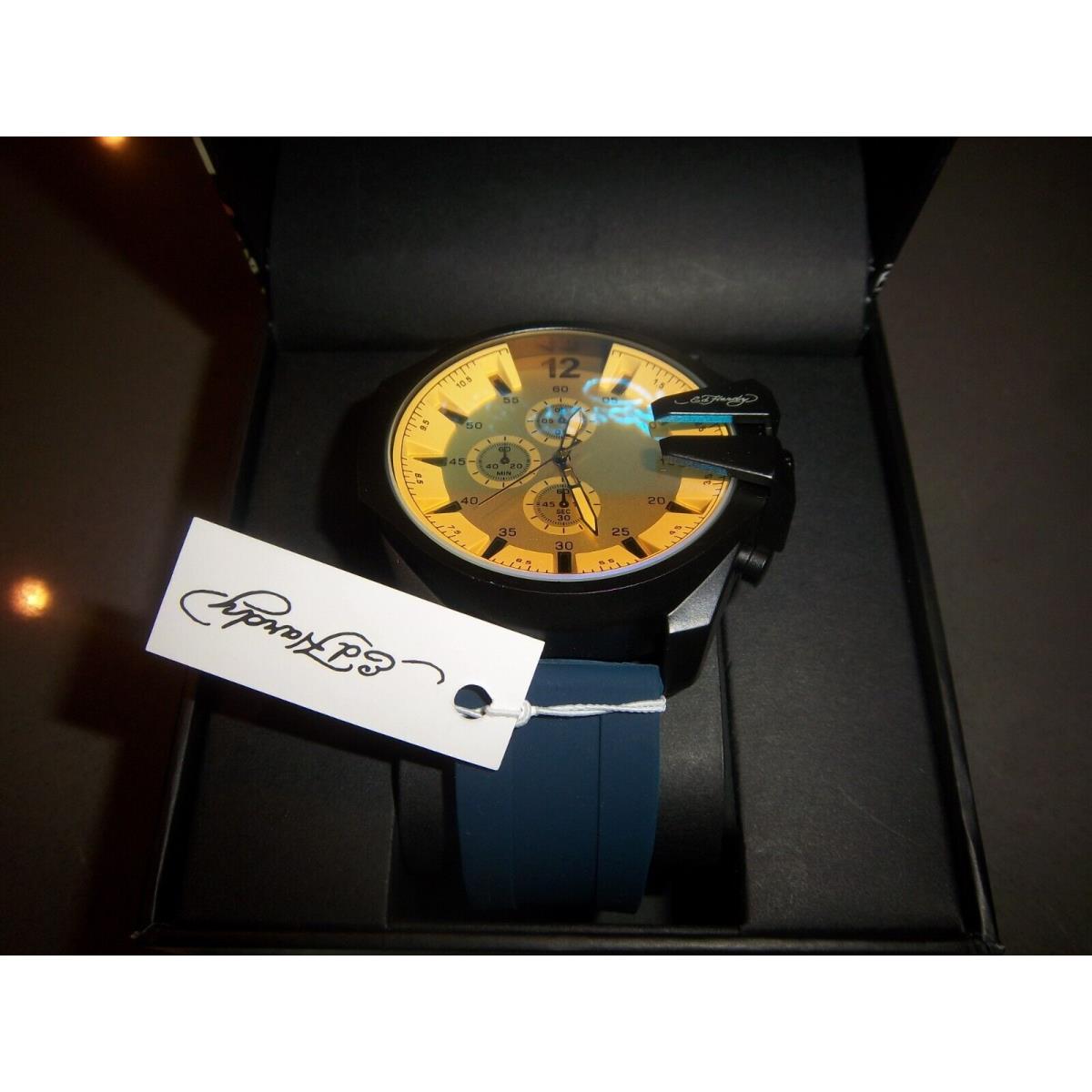 Mens ED Hardy Gold Irredescent Face/blue Silicone Band Watch