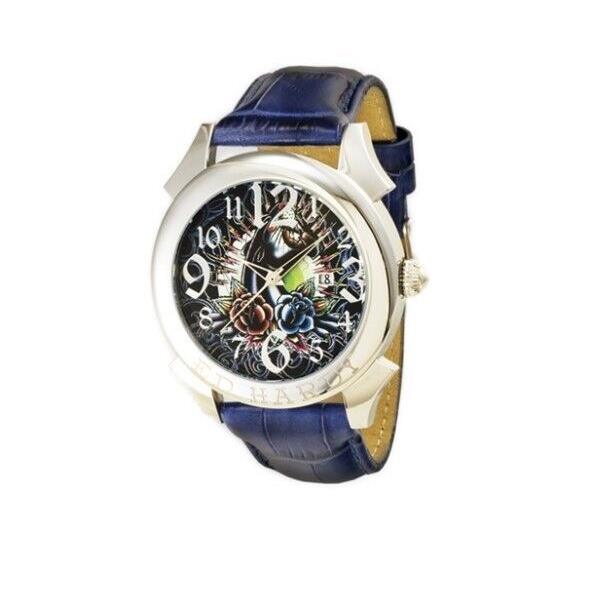 ED Hardy Men`s Revolution Panther Art Silver /blue Leather Band Watch Re-pt