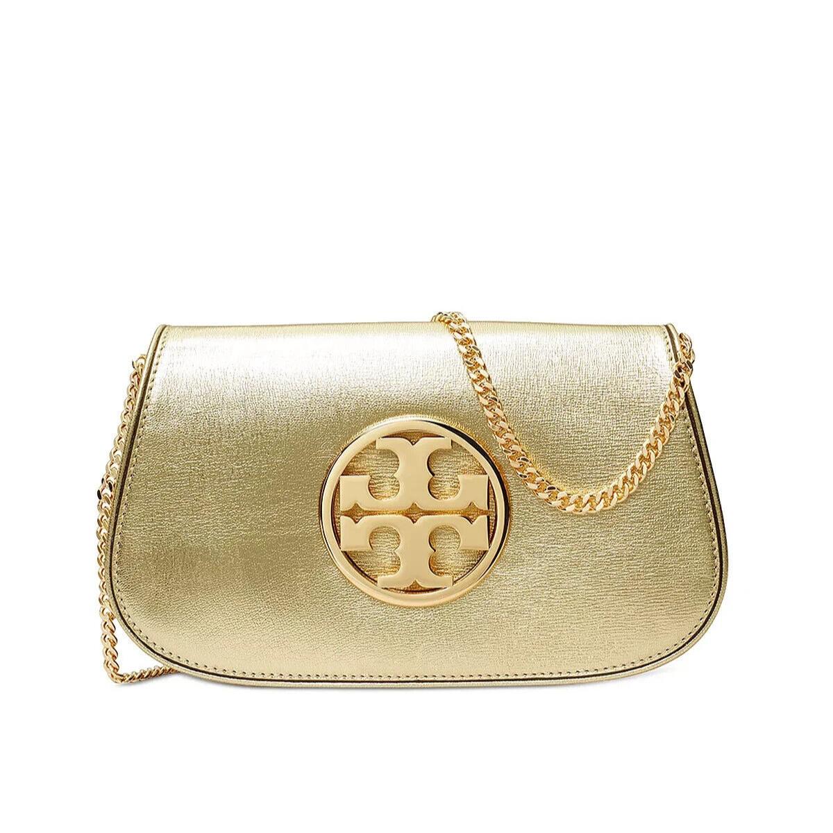 Tory Burch Reva Leather Clutch Shoulder Bag Metallic Spark Gold