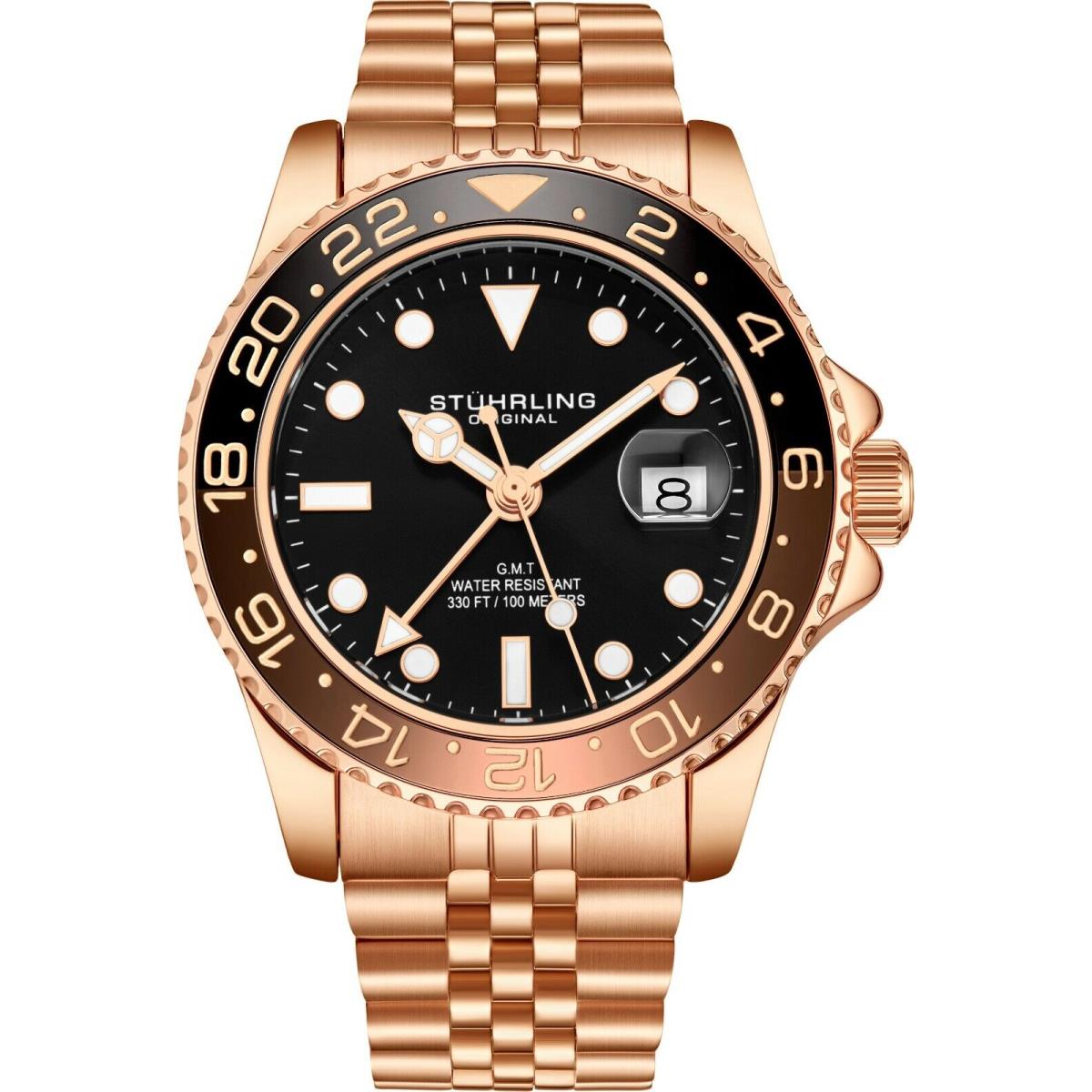 Stuhrling Aqua-diver 3968 Swiss Quartz Men`s Rose Bracelet Black Dial Watch