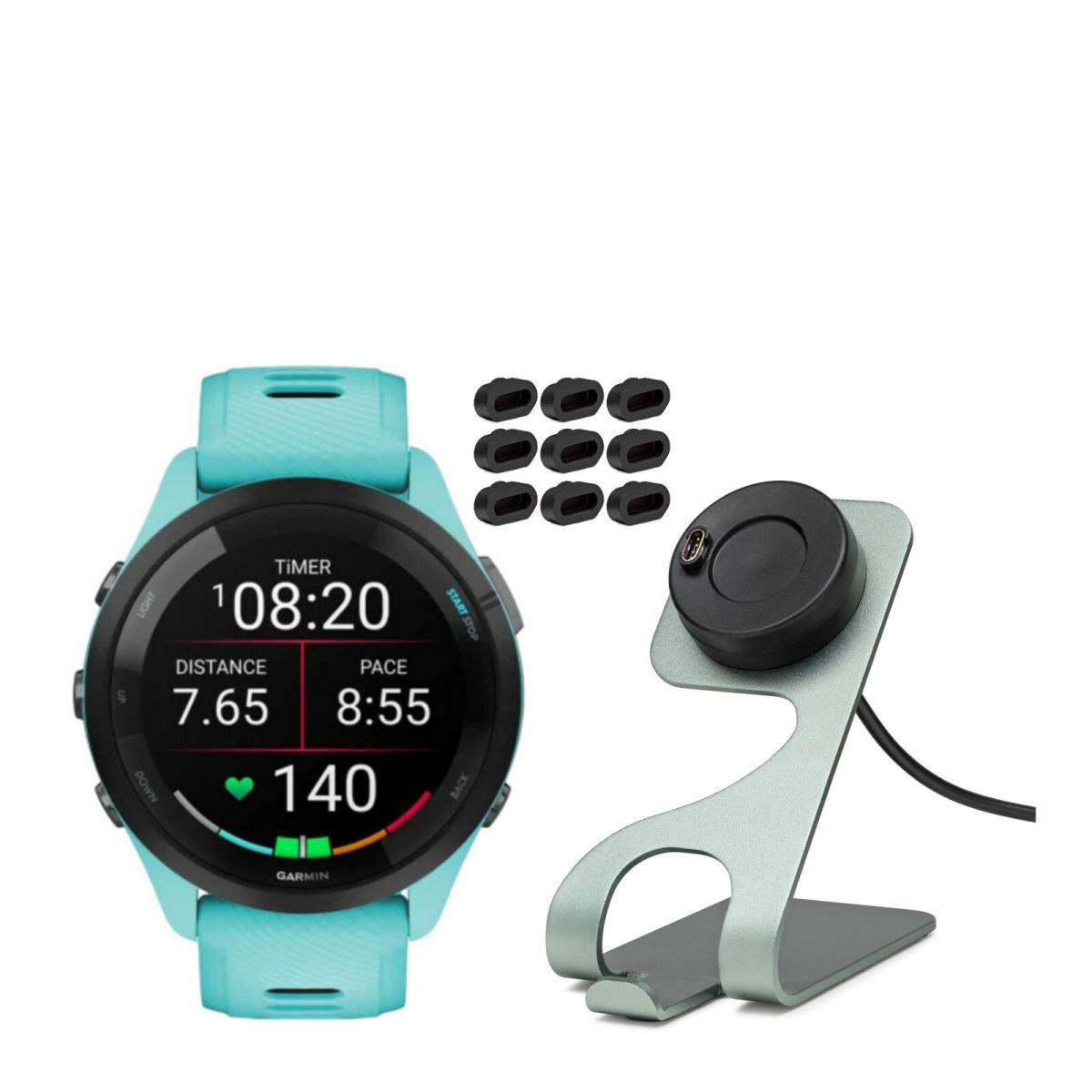 Garmin Forerunner 265 Gps Running Smartwatch Aqua with Charger Stand Bundle