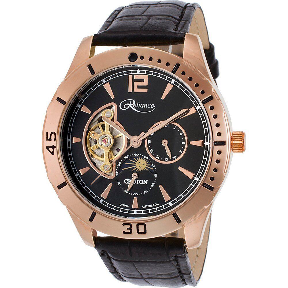 Croton Mens Reliance Automatic Multifunction Leather Watch Black/rose Tone